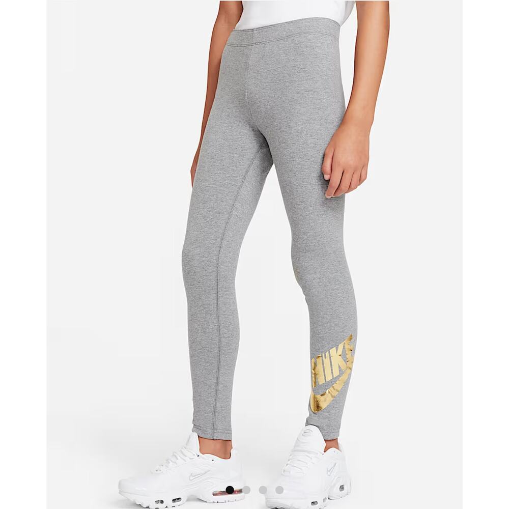 Nike Sportswear Favorites Big Girls Leggings Gray Gold Logo Sz 5/6 Years Stretch